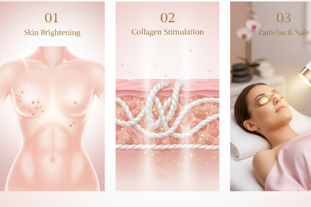 
01

Skin Brightening
Targets melanin and reduces pigmentation spots, giving your skin a milky, translucent glow typically only found in professional spa treatments.

02

Collagen Stimulation
NIR light penetrates deep into the dermis to heat water molecules, stimulating collagen production and tightening loose skin.

03

Painless & Safe
Non-ablative technology means no downtime. The treatment is comfortable, feeling like a warm massage on the skin.