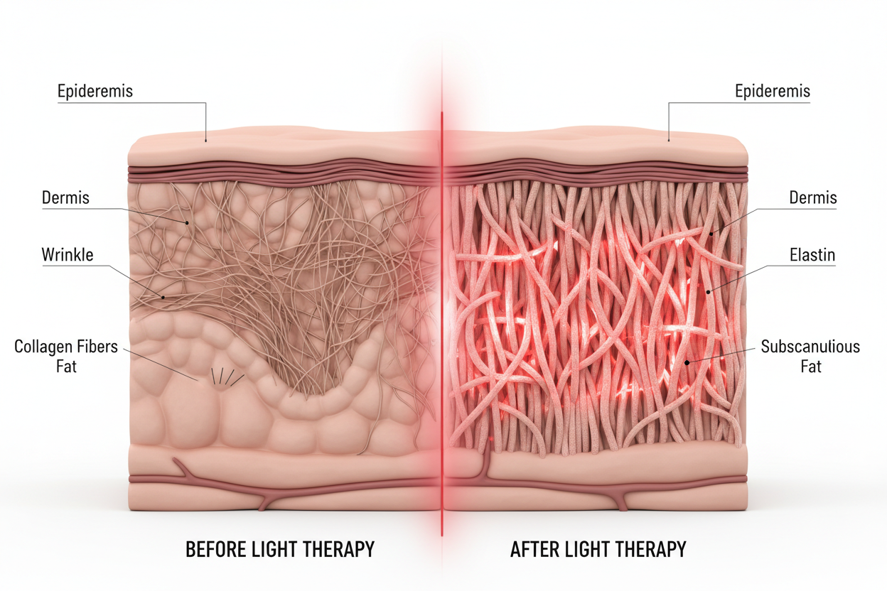 3D medical visualization, cross-section of human skin layers, comparing before and after light therapy, left side shows sagging skin structure, right side shows dense and plump collagen network glowing with red energy, scientific diagram style, clean white background, high detail, realistic texture, 8k.